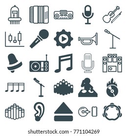 Set of 25 music filled and outline icons such as bell, dj, microphone, music note, eject button, radio, harmonica, cd fire, play in gear, tambourine, trumpet, panel control