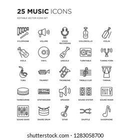 Set of 25 Music linear icons such as Xylophone, Volume, Voice recording, Violoncello, Violin, Tuning Fork, Timpani, vector illustration of trendy icon pack. Line icons with thin line stroke.