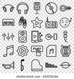 Set of 25 music outline icons such as piano toy, finger pressing play button