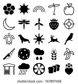 Set of 25 nature filled and outline icons such as wheat, dragonfly, deer, sparrow, seal, fishing rod, rain, strawberry, flower, lemon, mill, heart frozen, bread, sun