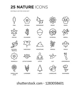 Set of 25 nature linear icons such as Pine, Petunia, Peppermint, Peony, Pansy, Neroli, Maple, Lemongrass, Lavender, Knapweed, vector illustration of trendy icon pack. Line icons with thin line stroke.
