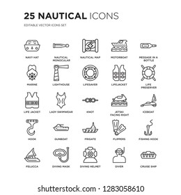 Set of 25 Nautical linear icons such as Navy Hat, Monocular, nautical Map, motorboat, Message In a Bottle, vector illustration of trendy icon pack. Line icons with thin line stroke.