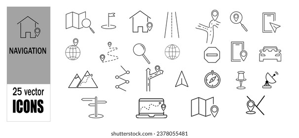Set of 25 navigation icons. Linear style.