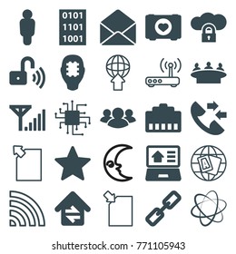 Set of 25 network filled and outline icons such as group, chain, user, case with heart, cpu in head, cpu, envelope, cloud protection, phone cable, home connection