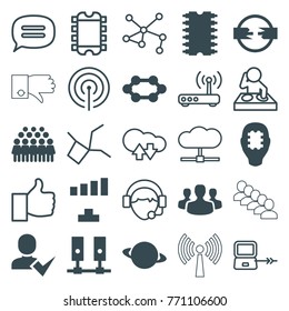 Set of 25 network filled and outline icons such as signal, group, planet, cpu in head, cpu, server, cable, cpu, user group, laptop connection, dj, cloud download upload