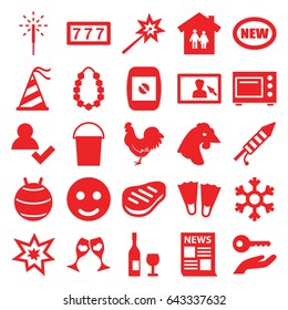 set of 25 new filled icons such as chicken, 7 number, bucket, clink glasses, party hat, sparkler, fireworks, beef, garland, camera display, microwave, snowflake