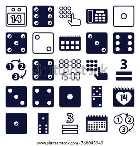 Set of 25 number filled and outline icons such as dice, domino, hand on atm, calendar, 3 allowed, 14 date, desk phone, 1 2 3, digital time