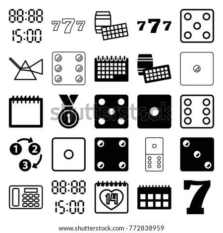 Set of 25 number filled and outline icons such as dice, lotto, calendar, medal, 1 2 3, digital time, intersection, 14 date, desk phone, 7 number