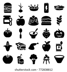 Set of 25 nutrition filled icons such as apple, cauliflower, corn, baby food, chicken leg, double burger, pie, meat leg, burger and drink, spoon, strawberry, pumpkin haloween