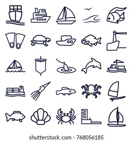 Set of 25 ocean outline icons such as fish, octopus, crab, turtle, boat, sailboat, ship, flippers, cargo ship, harbor, windsurfing, lighthouse, sea and gull, shell, fishing