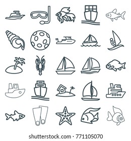 Set of 25 ocean outline icons such as fish, crab, boat, sailboat, ship, cargo ship, home on island, starfish, island, aqualung, shell, surfing, extinct sea creature