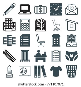 Set of 25 office filled and outline icons such as building, t-shirt, table, paper, clock, business center, money case, calculator, checklist, love letter, pen, office chair