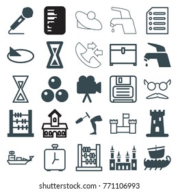 Set of 25 old filled and outline icons such as castle, abacus, camera, knee hammer reaction check, microphone, sundial, hourglass, canon ball, water military, chest