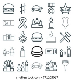 Set of 25 one outline icons such as ticket, turtle, candle, ranking, son and father, burger, box, musical sharp, screwdriver, ribbon, 1st place star, medal, barber brush