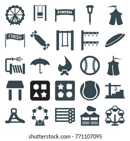 Set of 25 outdoor filled icons such as wooden wall, ferris wheel, from toy for beach, carousel, bonfire, finish, water hose, irrigation system, street lamp, swing, waterslide