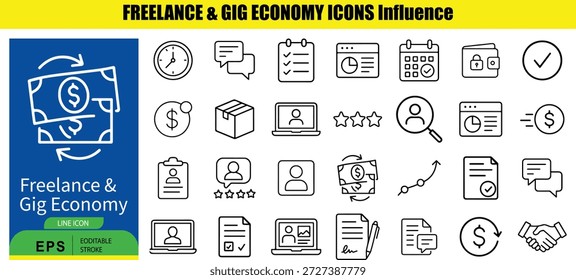 Set of 25 Outline black and white line related to freelance and gig economy line freelance