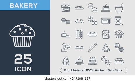 Set of 25 outline icons related to BAKERY  . Linear icon collection. Editable stroke. Vector illustration