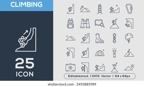 Set of 25 outline icons related to CLIMBING . Linear icon collection. Editable stroke. Vector illustration