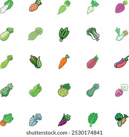 Set of 25 outline icons related to fruits, vegetables and berries. Linear icon collection. Editable stroke. Vector illustration