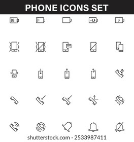 Set of 25 outline icons related to smartphone, phone.