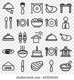 Set of 25 outline icons such as plate, fork and spoon, dish, gong, porridge
