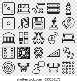 Set of 25 outline icons such as airport bus, fly, parcel, dice
