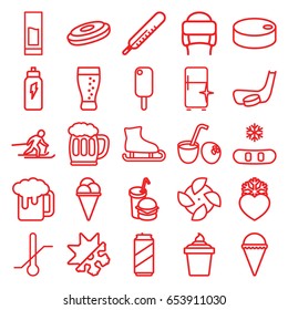 Set of 25 outline icons such as thermometer, clean fridge, winter hat