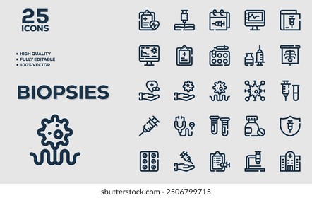 set of 25 outline web biopsies icons such as bladder, tongue, muscle, lung, biopsy, biopsy, biopsy, skin vector thin line icons for web design, mobile app.