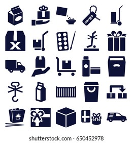 Set of 25 package filled icons such as paints, gift, cart cargo