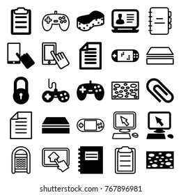Set of 25 pad filled and outline icons such as lock, joystick, pointer on display, finger on display, sponge, laptop, notepad, clip, clipboard, paper, portable game console