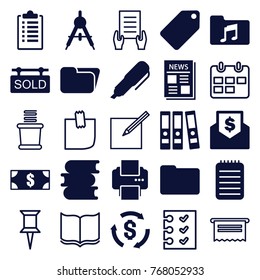 Set of 25 paper filled and outline icons such as compass, tag, book, money, folder, binder, news, notebook, music folder, sold tag, pen, envelope with dollar bill, towels