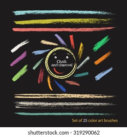 A set of 25 pastel brush strokes created with chalk and charcoal. Hand drawn illustration. Artistic brushes different densities. Saved palette file brushes. 