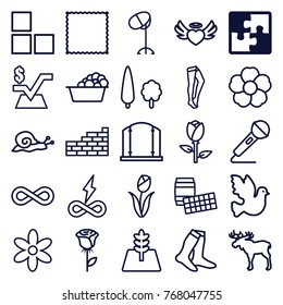 Set of 25 pattern outline icons such as puzzle, rose, moose, snail, brick wall, gate, flower, hair dryer, carpet, laundry, socks, tights, mathematical square, lotto, bird