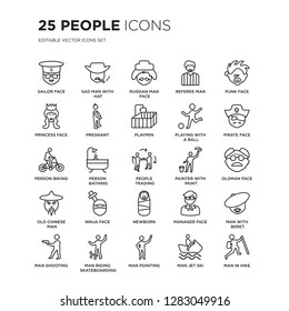 Set of 25 People linear icons such as Sailor face, Sad man with hat, Russian Referee man, Punk Pirate face, vector illustration of trendy icon pack. Line icons with thin line stroke.