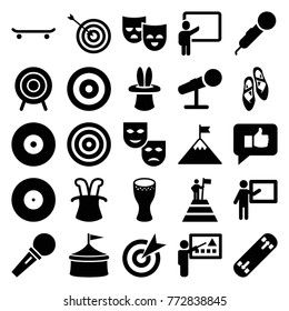 Set of 25 performance filled icons such as target, teacher, microphone, magic hat, mask, circus, skating, thumb up, drum, ballet shoes