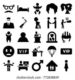 Set of 25 person filled icons such as vip, airport officer, helmet, woman, woman hairstyle, mustache and glasses, user, bed, man, man sleeping on table, speaker, family home