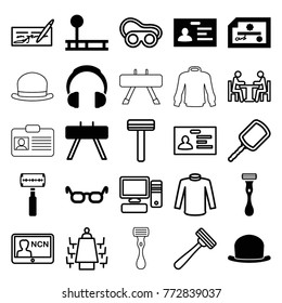 Set of 25 personal filled and outline icons such as badge, glasses, check, fintess equipment, razor, mirror, sweater, welding glasses, pc, meeting, hat