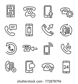 Set of 25 phone thin line icons. High quality pictograms of mobile. Modern outline style icons collection. Telephone, smartphone, cellphone, message, etc.