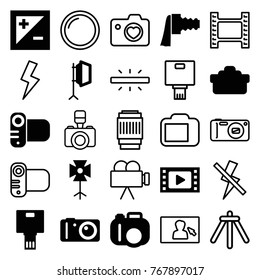 Set of 25 photography filled and outline icons such as camera, movie tape, camera zoom, soft box, light exposure, flash