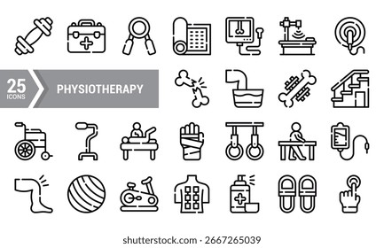 Conjunto de 25 ícones de fisioterapia em um estilo linear. Perfeito para sites, aplicativos, apresentações e publicações médicas.