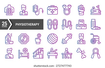 Un conjunto de 25 iconos de fisioterapia en un estilo moderno de gradiente.  Perfecto para Sitios web médicos. folletos. App. y presentaciones.