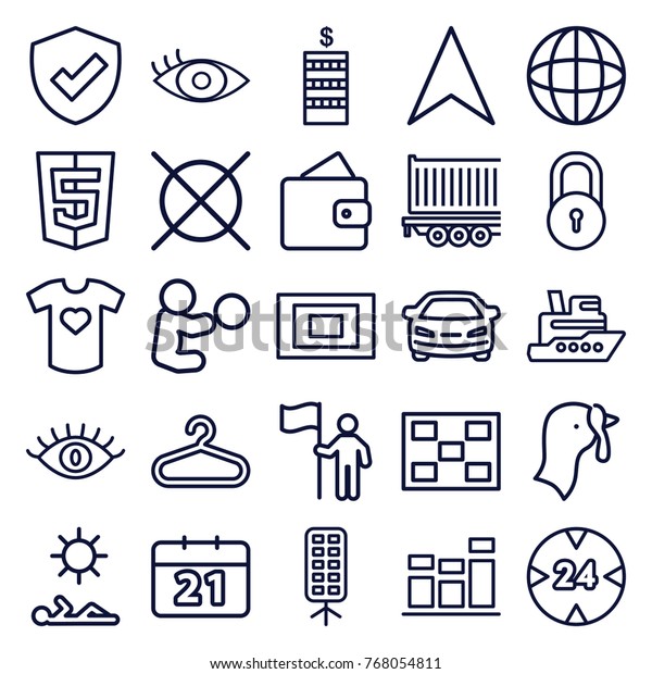 Set of 25\
pictogram outline icons such as turkey, lock, hanger, wallet, eye,\
coin, no dry cleaning, car, ship, baby playing with toy, navigation\
arrow, cargo trailer,\
shield
