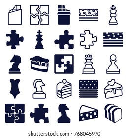 Set of 25 piece filled and outline icons such as puzzle, chess horse, piece of cake, bread slices, cheese, chess king, horse chess, chocolate, cake slice, pawn