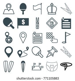 Set of 25 pin filled and outline icons such as flag with dollar, ping pong racket, pin on globe, distance, map location, hair barrette, hand on atm, locations, flag, location