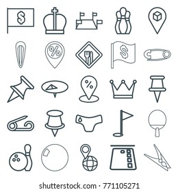 Set of 25 pin outline icons such as pin, children panties, flag with dollar, sale location, credit card in atm, pin on globe, location, locations, restaurant, gold flag