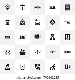 Set Of 25 Plane Icons Set.Collection Of Aircraft, Toilet, Automobile And Other Elements.