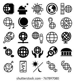 Set of 25 planet filled and outline icons such as observatory, globe, cpu planet, planet, qround the globe, sun and moon, plane, international music, internet