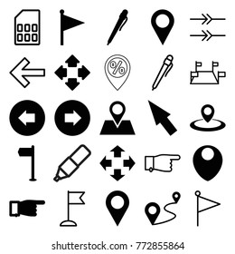Set of 25 pointer filled and outline icons such as arrow left, arrow right, pointing, location, move, pen, flag, location pin, distance, pointer, locations, back, memory card