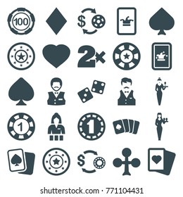 Set of 25 poker filled icons such as spades, clubs, casino girl, casino chip and money, poker on phone, pllaying card, hearts, diamonds