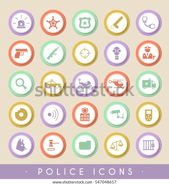 Set of 25 Police Icons on Circular Colored\
Buttons. Vector Isolated\
Elements.